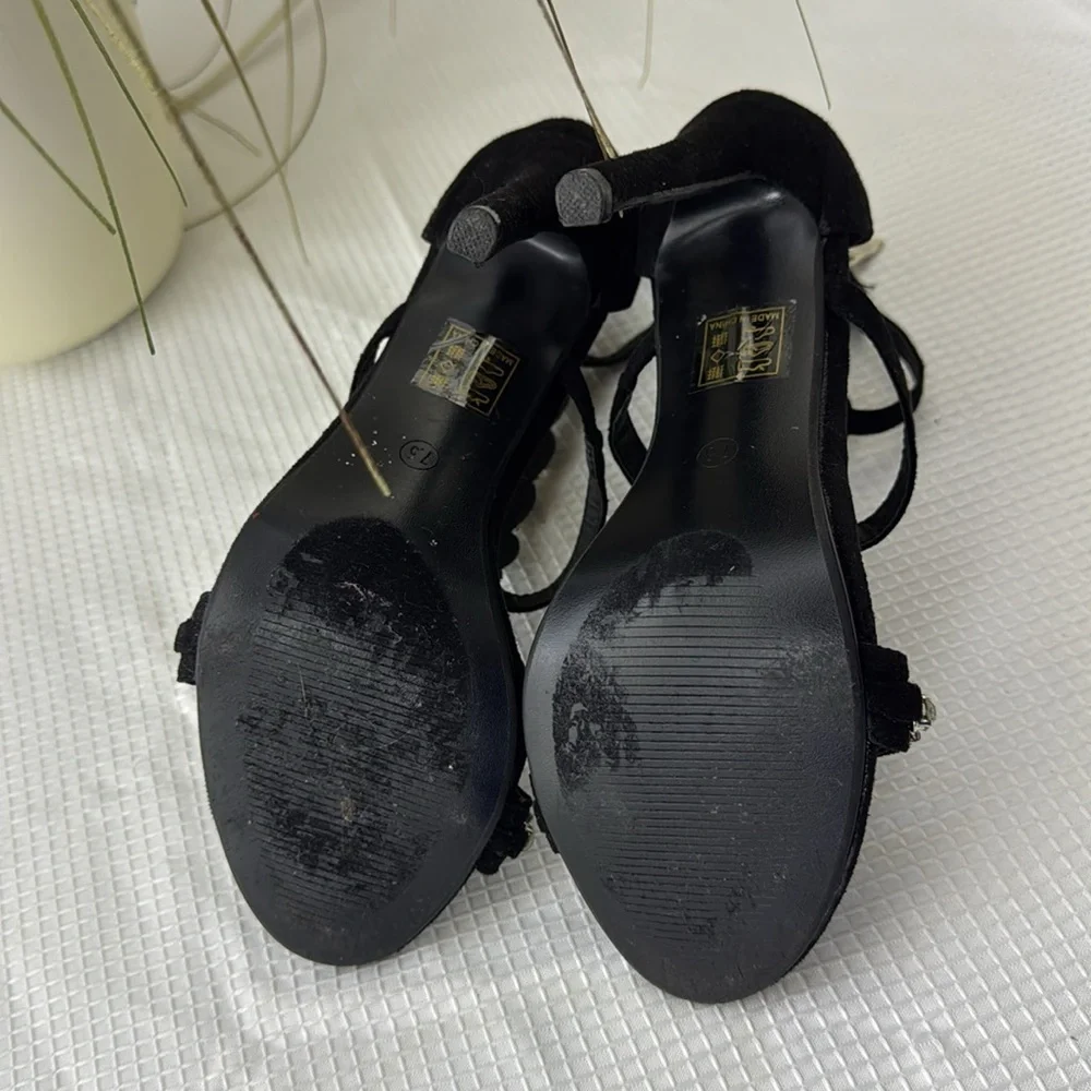 Jacobies Womens Open Toe Ankle Strap Black Crystal Studded Back Zipper Heel 7.5